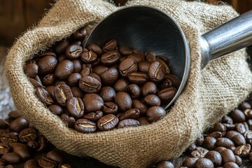 Wall Mural - Scooping roasted coffee beans from burlap sack (1)