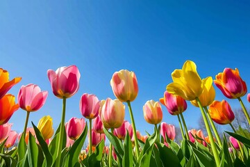 Wall Mural - Colorful tulip fields stretching endlessly under a bright blue sky