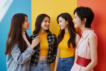 Four attractive Asian women, diverse in style but united in friendly interaction, stand against a backdrop of vibrant, contrasting colors.