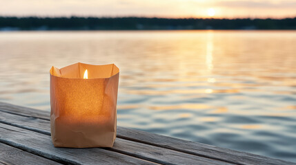 Sticker - serene lake at sunset with floating lantern symbolizing hope