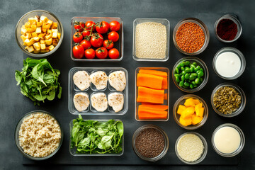 Wall Mural - A vibrant array of fresh ingredients neatly arranged in glass containers, showcasing colorful vegetables, grains, and sauces, perfect for meal prep or healthy cooking.