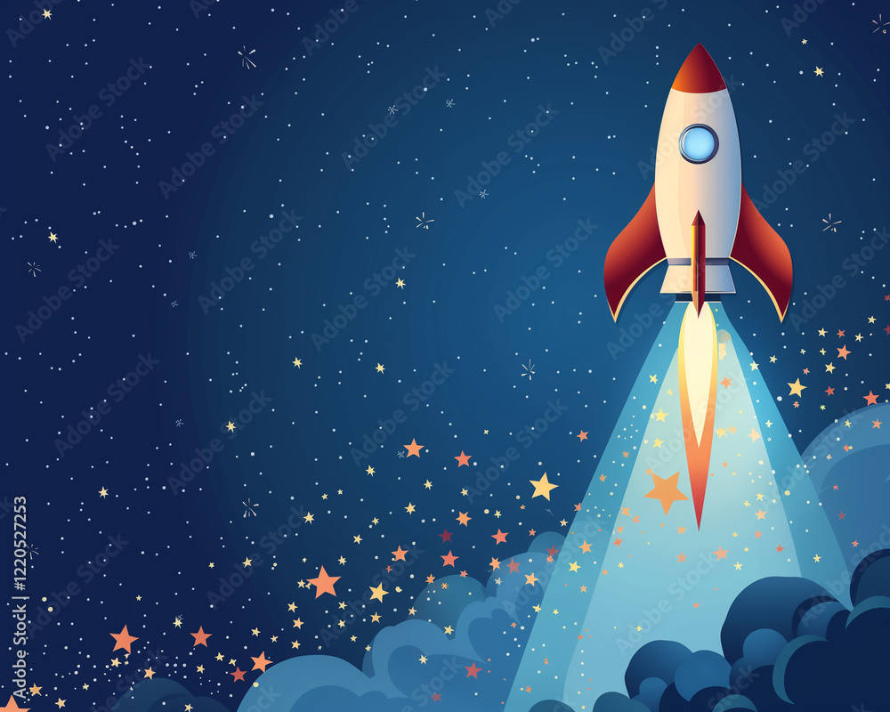 Rocket Ship Blasting Off into Space with Trail of Stars - Cartoon ...