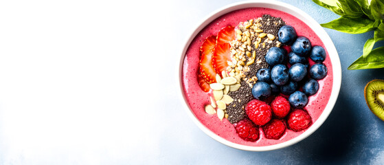 Wall Mural - A vibrant smoothie bowl topped with fresh berries, granola, and seeds, perfect for a healthy breakfast or snack.