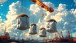© Pter - Suspended Seed Bags: A Colorful Contraption Held by a Crane in an Expansive Blue Sky