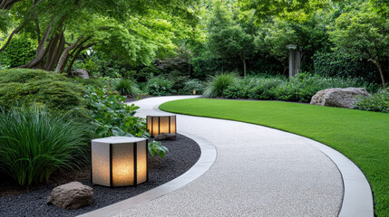 Wall Mural - Serene garden path with stone lanterns and lush greenery inviting tranquility