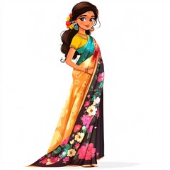 Wall Mural - A cartoon girl wearing a colorful Indian saree with floral prints, standing on a white background