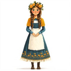 Wall Mural - A female cartoon character in Swedish traditional attire, featuring a blue and yellow dress, white apron, and a floral crown, against a white background