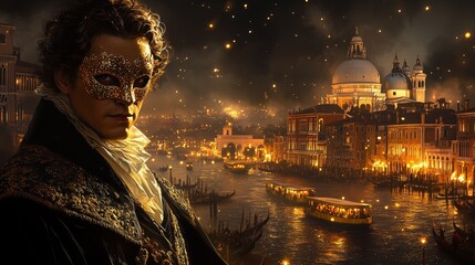 Wall Mural - Venetian carnival night with casanova celebrating grand canal and fireworks