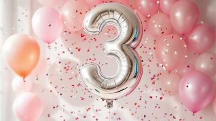 Wall Mural - festive celebration of the birthday with balloons and confetti in pink tones, an inflatable balloon 