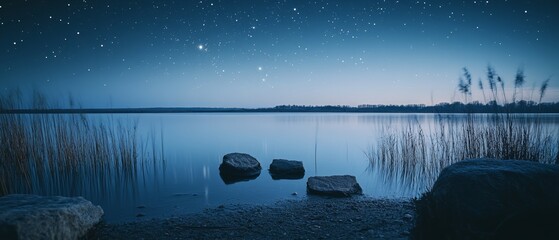 Wall Mural - A starry night sky blankets a serene lake, with tall grasses framing the tranquil waters, creating a breathtaking celestial panorama.