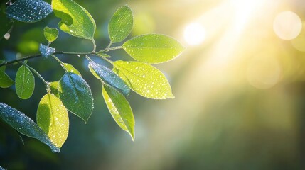 Poster - Dewy leaves backlit by sunrise in garden