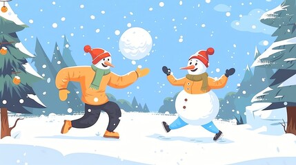 Wall Mural - A cartoon illustration of two snowmen throwing snowballs at each other.