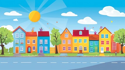 Wall Mural - A cartoon illustration of a colorful street with houses and trees.