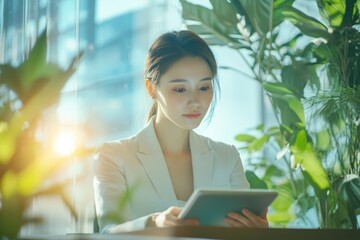 A young woman in a white blazer uses a tablet in a sunlit office with lush greenery.