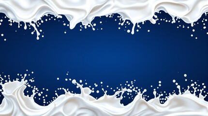 Wall Mural - milk splash seamless pattern isolated on blue background. 3d realistic yogurt wave border. vector mi