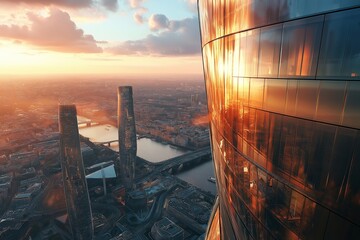 Poster - Aerial view of a futuristic glass skyscraper reflecting the sunset sky
