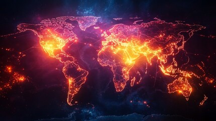 Glowing world map, network connections, cosmic background, global communication