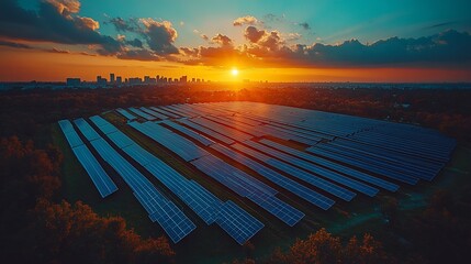 Wall Mural - Aerial sunset view of solar farm near city