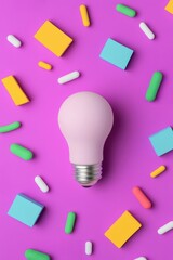 Wall Mural - bright pink background with a light bulb surrounded by colorful geometric shapes and playful element