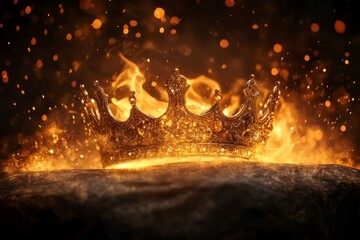 Wall Mural - Golden crown with a blurred background of fire and gold dust. Fantasy concept. Gold crown on a stone table, with golden light and fire in the dark. Medieval king or queen's headdress.