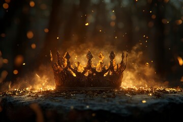 Wall Mural - Golden crown with a blurred background of fire and gold dust. Fantasy concept. Gold crown on a stone table, with golden light and fire in the dark. Medieval king or queen's headdress.