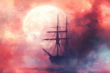 Wall Mural - A tall ship's masts rise above the horizon in front of an oversized, full moon. The sky is a blend of red and pink hues, with misty clouds creating a fantasy art style. 