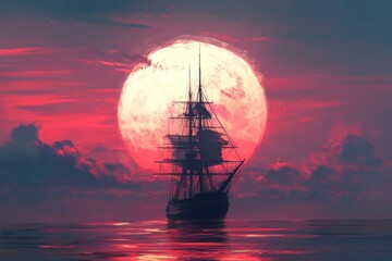 Wall Mural - A tall ship's masts rise above the horizon in front of an oversized, full moon. The sky is a blend of red and pink hues, with misty clouds creating a fantasy art style. 