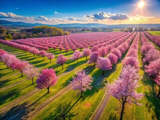 Aerial View of Pink Blossom Trees, Blue Sky Spring Landscape