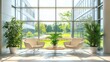 © setiyo - Modern office lobby with large windows, sunlight, plants, and seating.