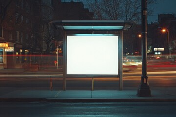 Canvas Print - A blank white poster on the side of an outdoor bus stop at night, with blurred motion from passing cars in the background.