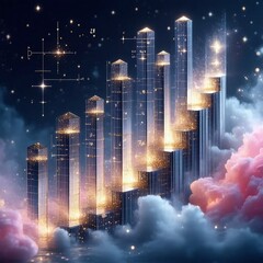 Wall Mural -  Histogram (bar chart)  against a colorful night sky, showing financial growth or growth in other indicators. Colorful visualization of business progress - generative AI