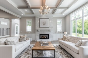 A modern Contemporary interior design style living room featuring two white sofas, a wooden coffee table, and a stylish chandelier. The room has large windows allowing natural light.