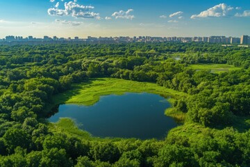 Wall Mural - Aerial view Urban park lake, lush greenery, city skyline background, nature conservation