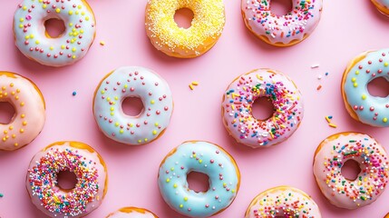 Wall Mural - A colorful donuts with icing and sprinkles on a pastel pink background