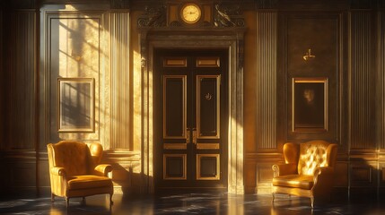 Golden Room Interior With Two Elegant Armchairs