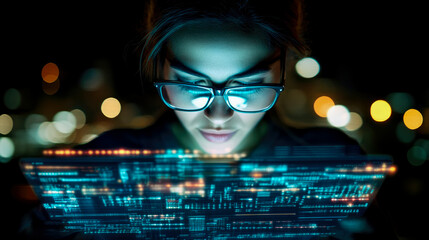 Night Coder: Woman in Glasses Working on a Glowing Screen