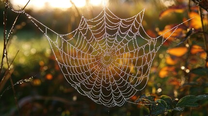 a stunning close-up of a dew-covered spider web in the morning sunlight, symbolizing nature??a?a?s i