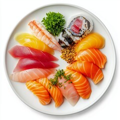 Wall Mural - A plate of sushi sashimi with colorful fish slices, isolated on a white background