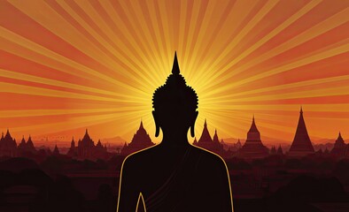 a Buddha silhouette with Bagan temples in the background at sunrise