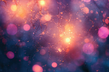 Delicate web adorned with glistening dewdrops, bathed in warm, colorful bokeh lights.