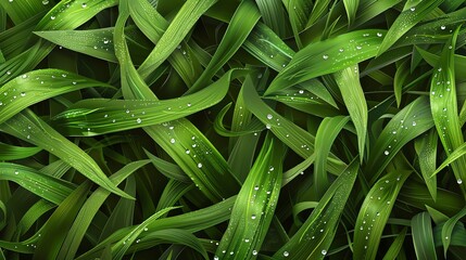 Poster - A close-up, detailed image of lush green grass blades with glistening dewdrops, creating a vibrant and refreshing scene.