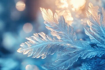 Fototapete - Intricate ice crystals resembling delicate, frosted feathers, glowing with a soft, ethereal light.