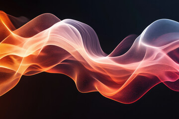 Poster - Abstract flowing wave of light and particles,  orange and pink hues on dark background.
