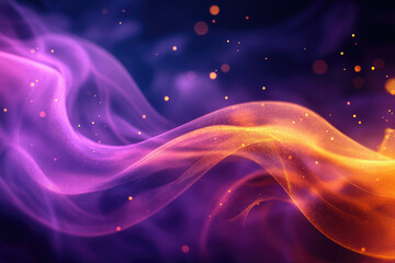 Poster - Abstract image of flowing, luminous purple and orange waves with sparkling particles.