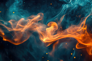 Aufkleber - Abstract swirling orange and teal smoke art with sparkling particles on dark background.