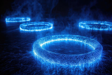 Fototapete - Glowing blue rings in smoky darkness, creating a futuristic and mystical scene.
