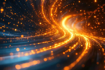 Poster - Abstract swirling vortex of vibrant orange and blue light trails with glowing particles.