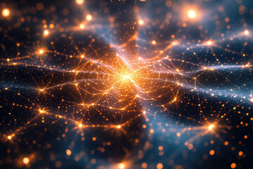 Aufkleber - Abstract cosmic landscape with glowing particles and interconnected network, suggesting a digital universe or neural network.