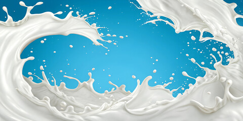 Wall Mural - milk splash seamless pattern isolated on blue background. 3d realistic yogurt wave border. vector mi