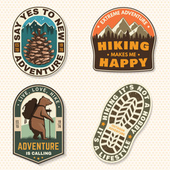 Wall Mural - set of hiking outdoor adventure emblems, patch. hiking related typographic quote. design hiker bear 